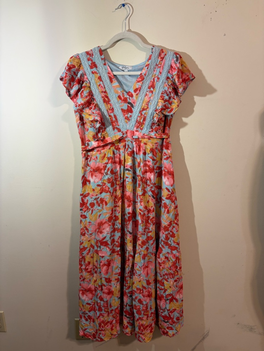 Polagram Maxi‎ Dress Women’s medium Floral coral Blue boho lace flutter sleeve